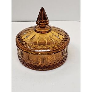 Vintage Amber Indiana Glass Candy Dish & Lid Pressed Glass Diamond Princess